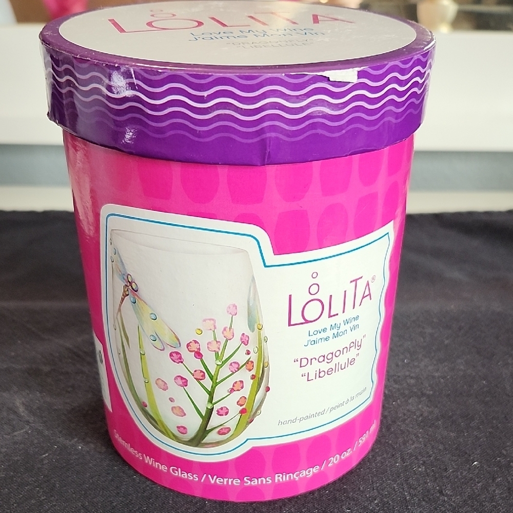New Lolita Hand-Painted Stemless Wine Glass Dragonfly Libellule Design 20 oz.